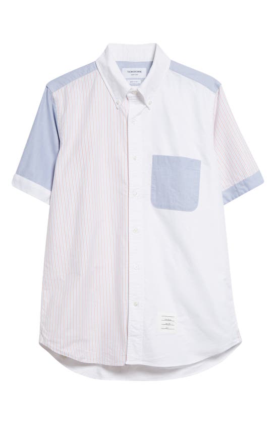 Shop Thom Browne Fun-mix Short Sleeve Cotton Oxford Button-down Shirt In Orange