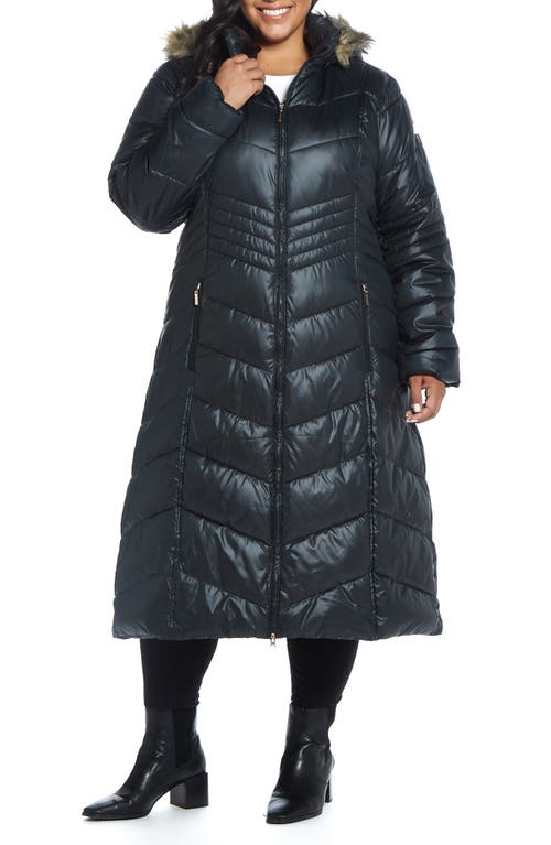 Hooded Maxi Puffer Coat with Faux Fur Trim in Black
