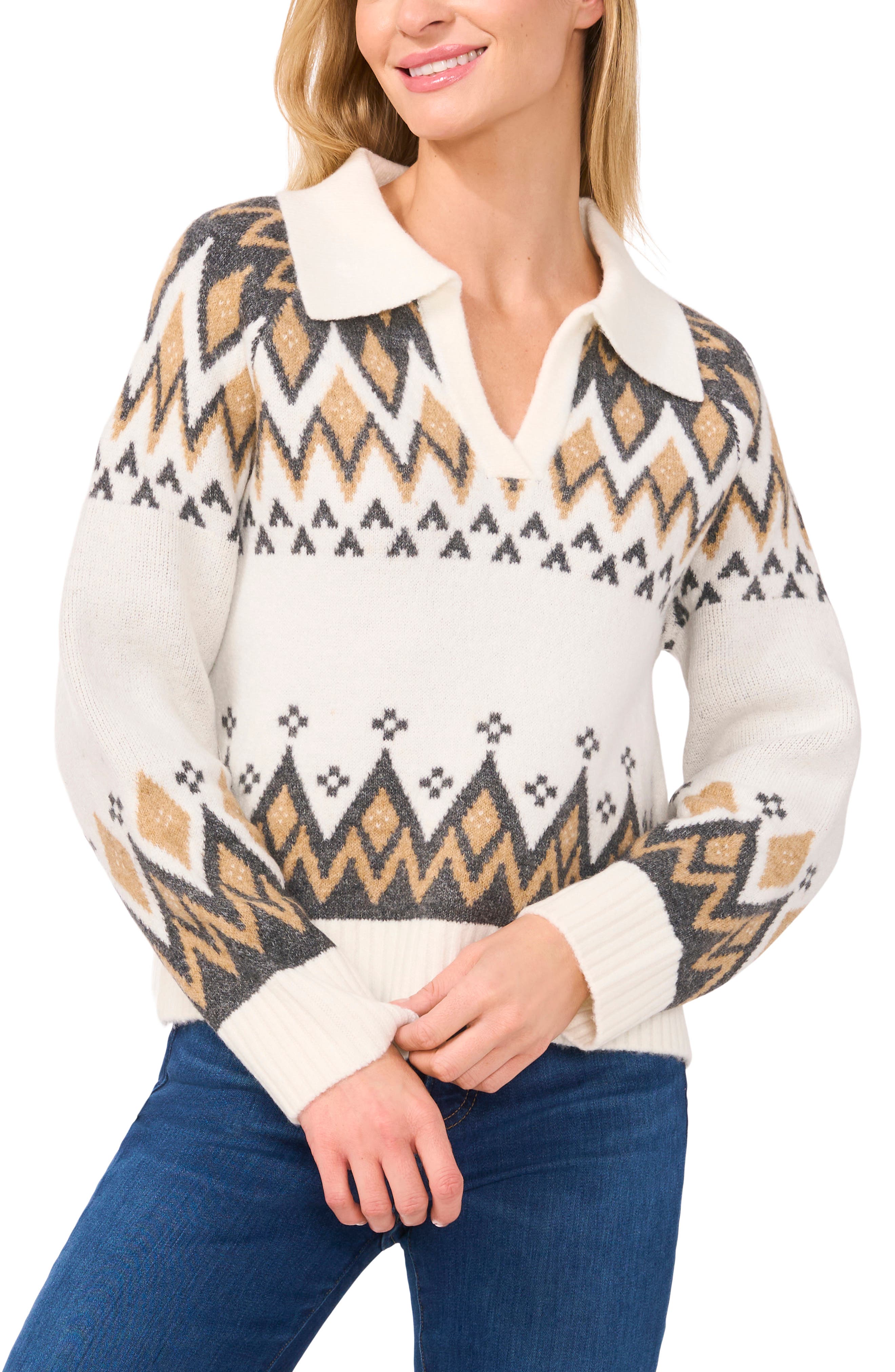 CeCe Fair Isle Boxy Collar Sweater in Antique White 