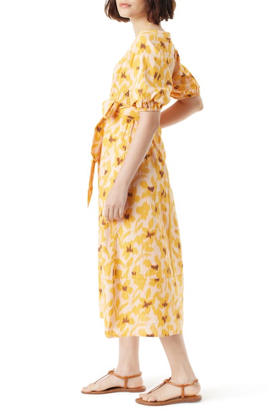 Shop Sam Edelman Irin Print Tie Waist Linen Blend Midi Dress In Bellini-sunshine Floral