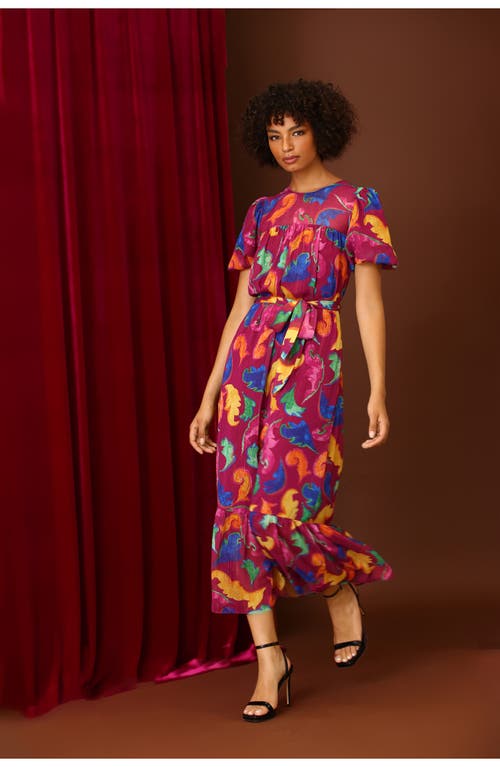 Shop Donna Morgan For Maggy Floral Tiered Puff Sleeve Tie Waist Dress In Ripe Plum/azalea