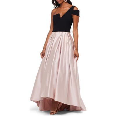Betsy & Adam High/low One-Shoulder Velvet & Satin Ballgown, Black
