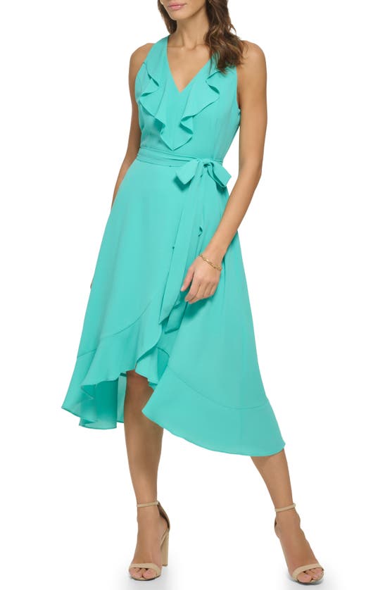 Shop Kensie Ruffle Trim Faux Wrap Dress In Aqua Spray