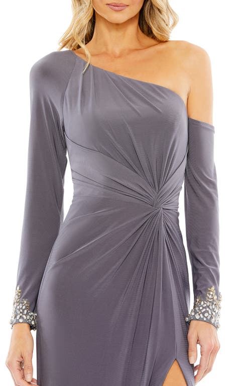 Shop Mac Duggal One-shoulder Long Sleeve Jersey Gown In Charcoal