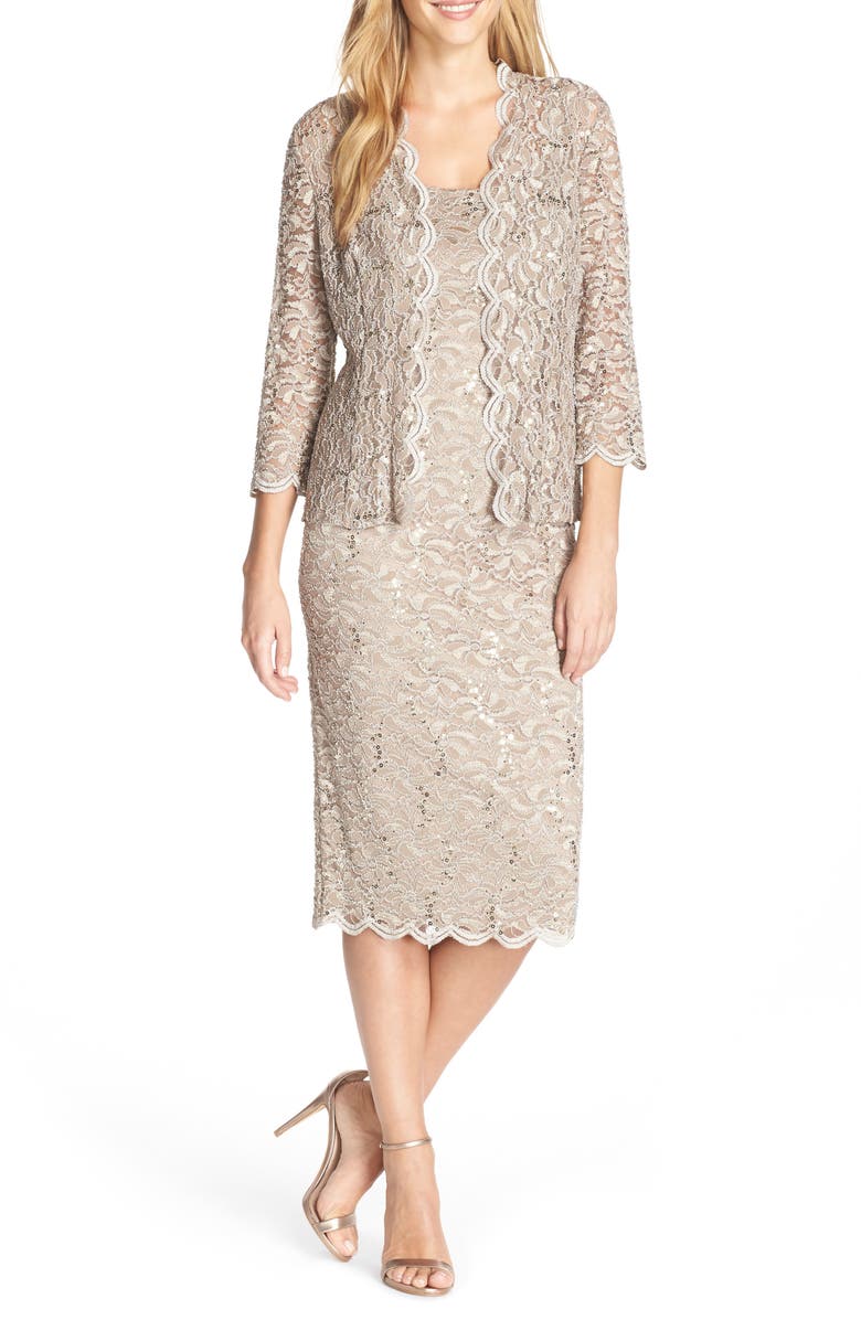 Alex Evenings Lace Cocktail Dress with Jacket, Main, color, Champagne