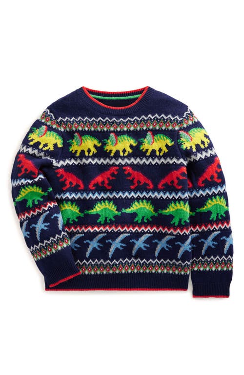 Shop Mini Boden Kids' Fair Isle Dino Crewneck Sweater In Starboard Blue