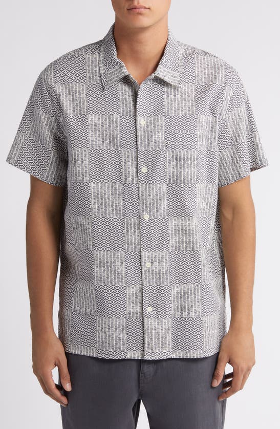 Shop Treasure & Bond Patchwork Linen & Cotton Short Sleeve Button-up Shirt In Ivory- Navy Foulard Patchwork