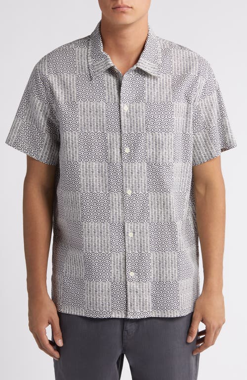 Patchwork Linen & Cotton Short Sleeve Button-Up Shirt in Ivory- Navy Foulard Patchwork