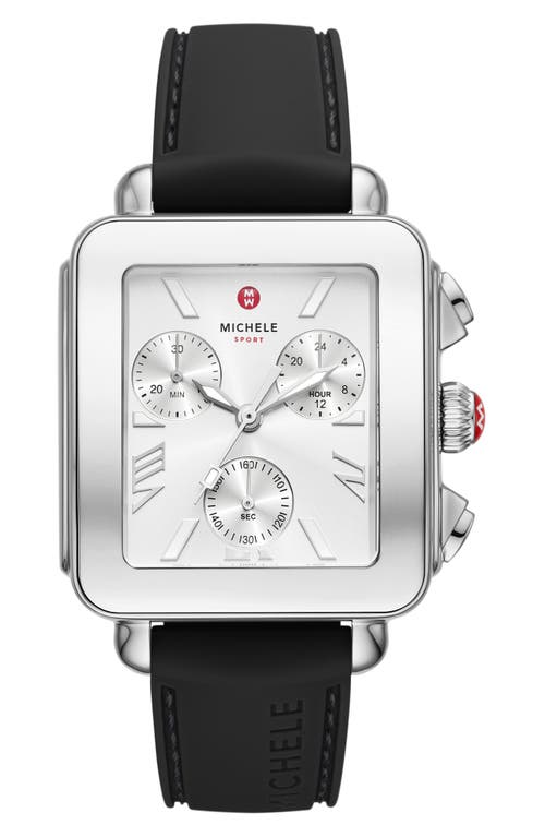 Shop Michele Deco Sport Chronograph Silicone Strap Watch, 36mm In Silver