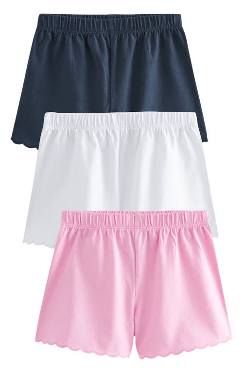 Shop Next Kids' 3-pack Scallop Cotton Shorts In Pink Navy White