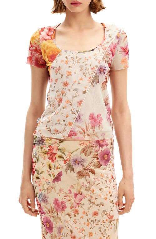 Shop Desigual Dada Floral Print Mesh Top In Ivory Mix