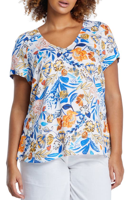 Estelle Gazania Floral Linen Blend Top In White