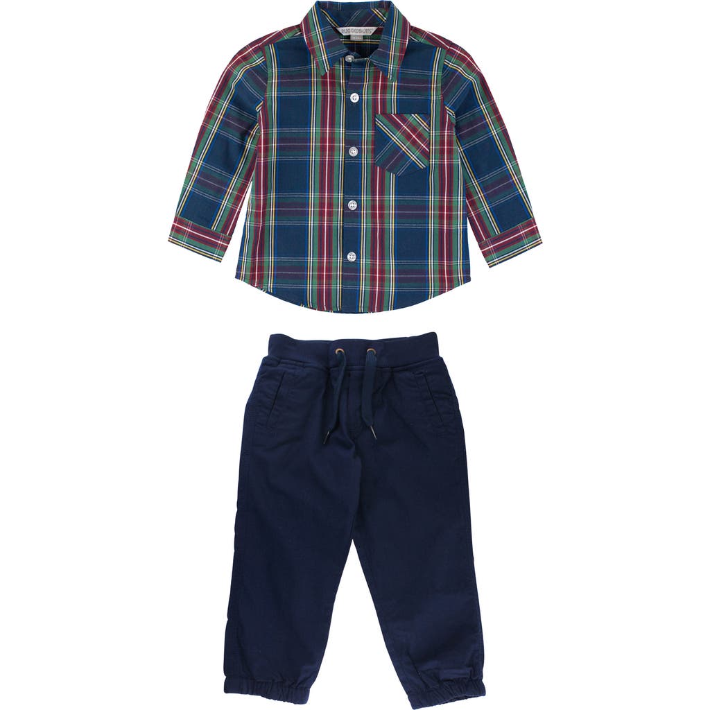 RuggedButts Plaid Button-Down Shirt & Woven Joggers Set in Blue