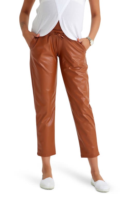 Foldover Waistband Faux Leather Maternity Pants in Toffee