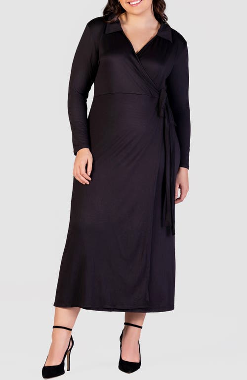 Shop 24seven Comfort Apparel Collared Long Sleeve Wrap Front Maxi Dress In Black