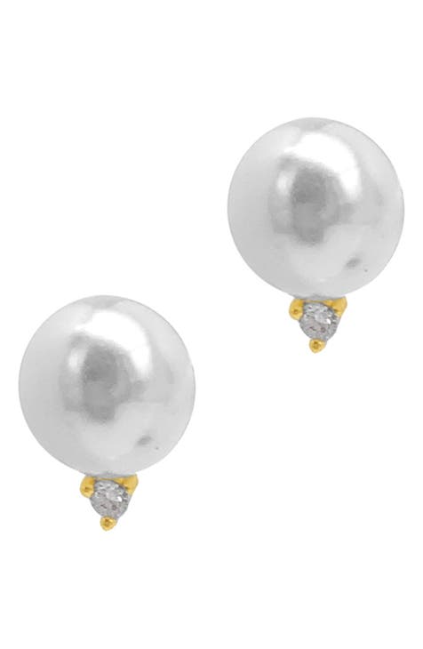 14K Gold Plated Imitation Pearl & CZ Stud Earrings