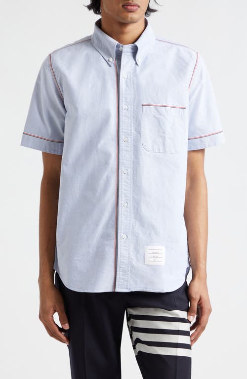 Thom Browne Tricolor Trim Short Sleeve Cotton Button-Down Shirt Light Blue at Nordstrom,