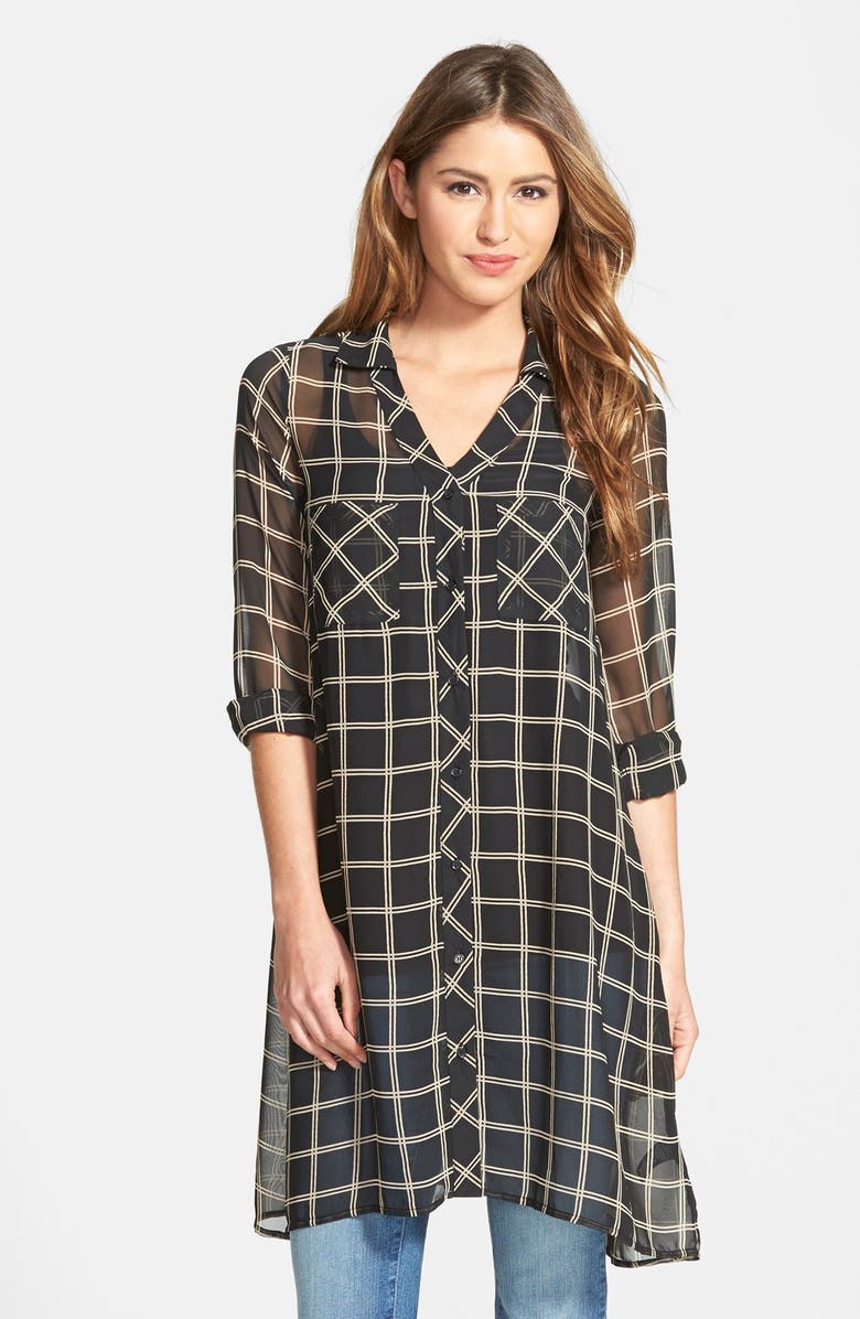 PLEIONE Plaid Chiffon Tunic, Main, color, GOLD/ BLACK PLAID