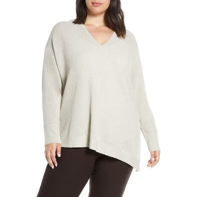 Plus Size Eileen Fisher V-Neck Asymmetrical Boxy Wool Sweater, White