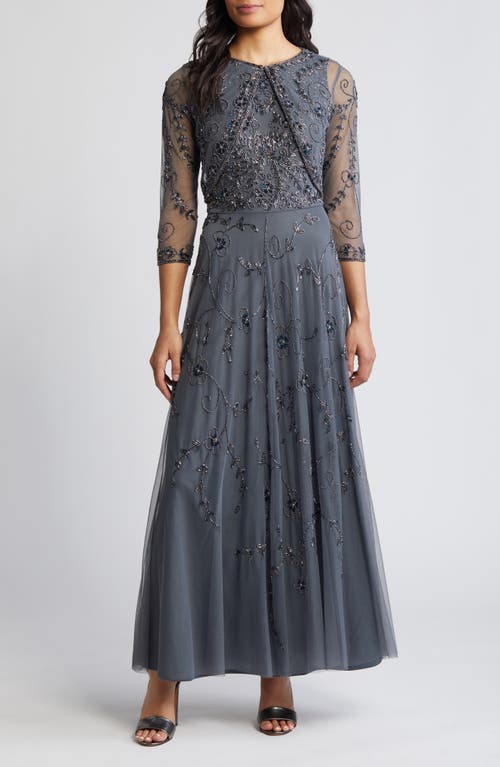 Beaded Mesh Gown with Jacket in Smoke