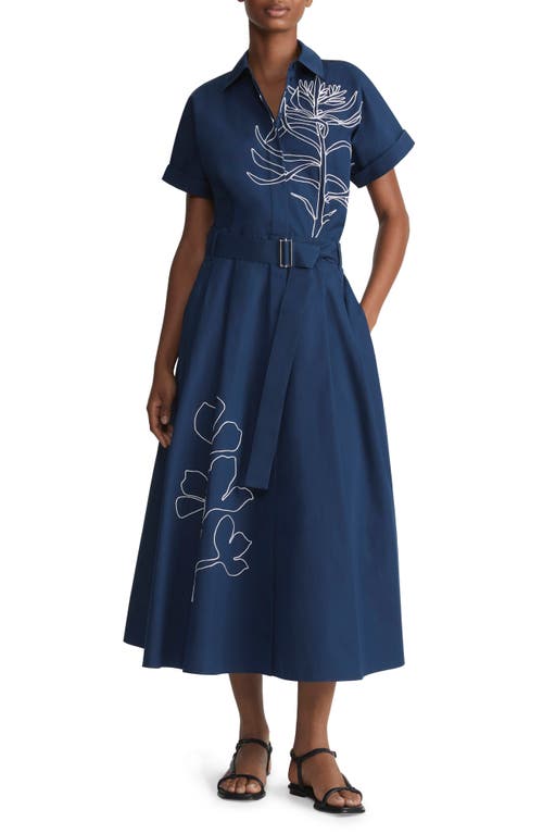 Lafayette 148 New York Floral Embroidered Belted Cotton Poplin Shirtdress in Midnight Blue at Nordstrom, Size X-Small