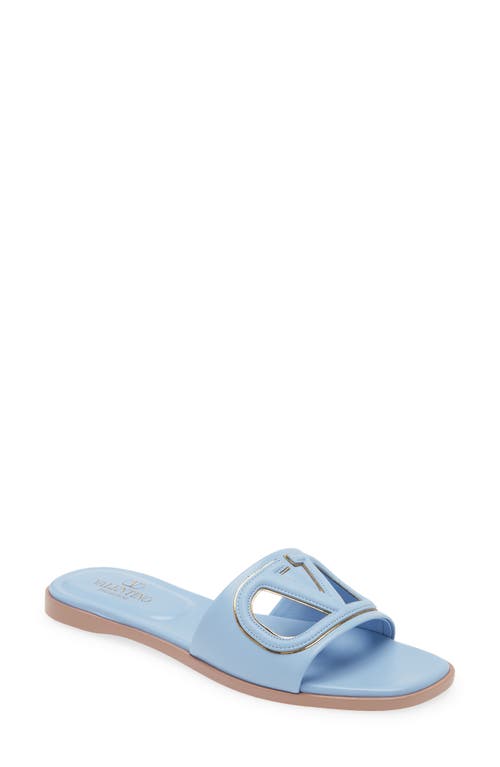 Shop Valentino Garavani Vlogo Cutout Slide Sandal In Popeline Blue/antique Brass