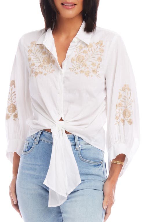 Karen Kane Embroidered Tie Front Shirt White With Khaki at Nordstrom,