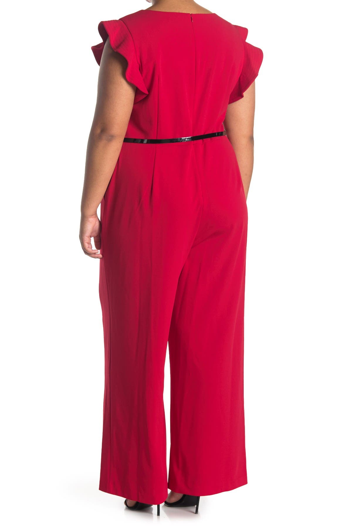 calvin klein ruffle sleeve belted jumpsuit