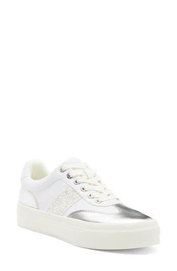 J/slides Nyc Metallic Trim Platform Sneaker In White Glitter