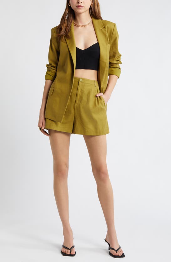 Shop Open Edit High Waist Linen Blend Shorts In Olive Eyes