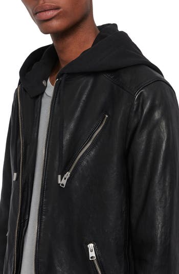 AllSaints Harwood Hooded Leather Jacket | Nordstrom