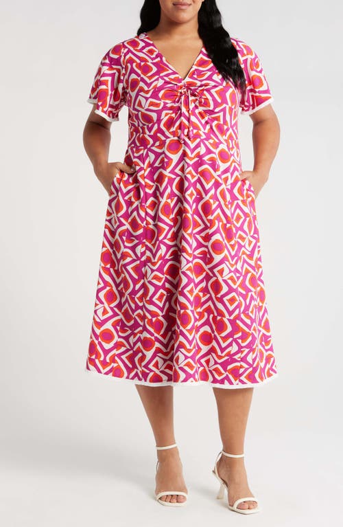 Tahari Asl Geo Print Midi Dress In Wild Berry
