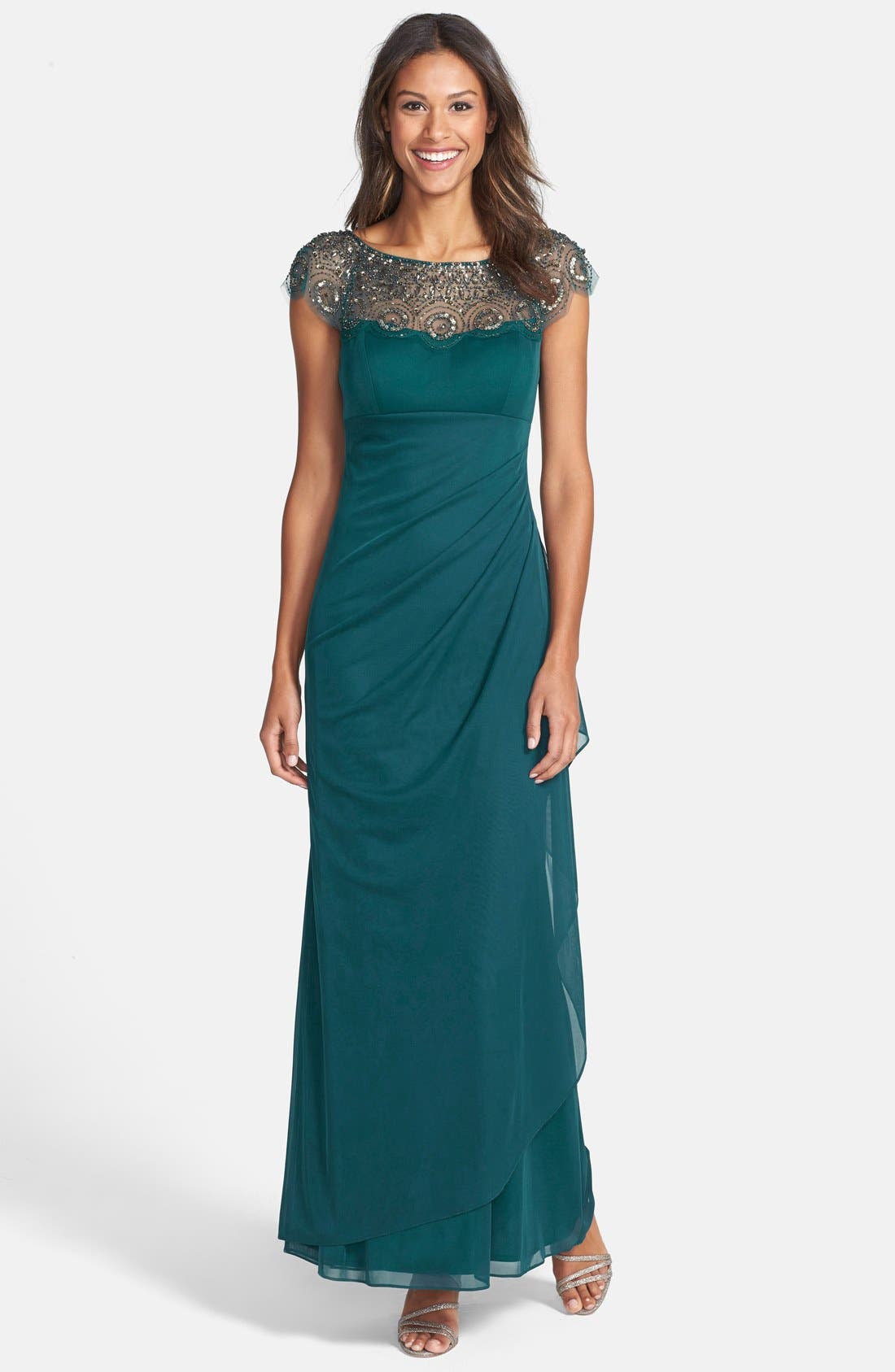 Xscape Beaded Yoke Drape Mesh Gown (Petite) Nordstrom