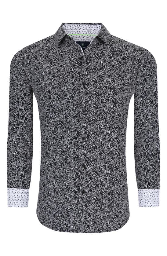 Tom Baine Regular Fit Performance Stretch Long Sleeve Button Front Shirt In Black Paisley