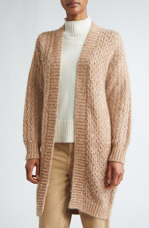 Eleventy Sequin Open Front Longline Cardigan In Camel