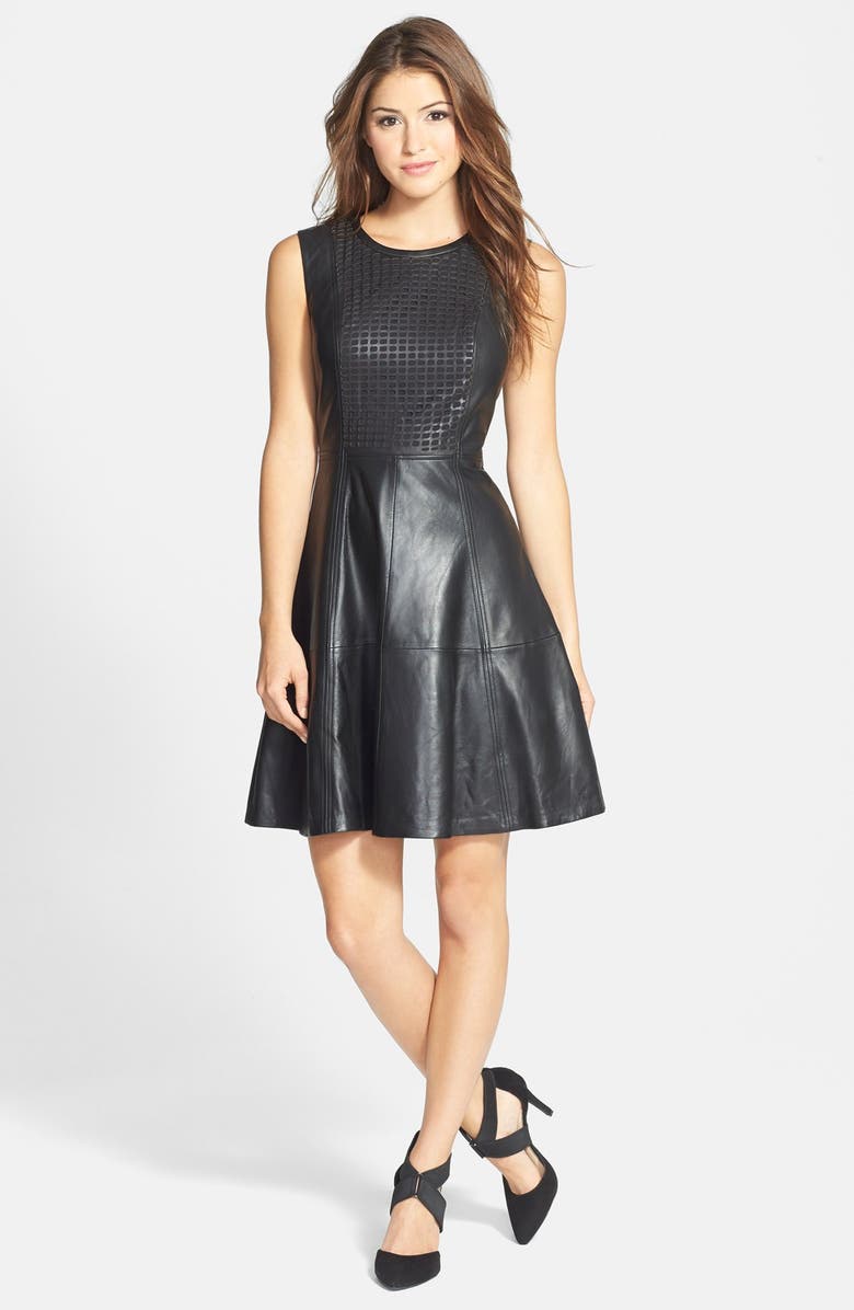Halogen® Perforated Leather Fit & Flare Dress | Nordstrom