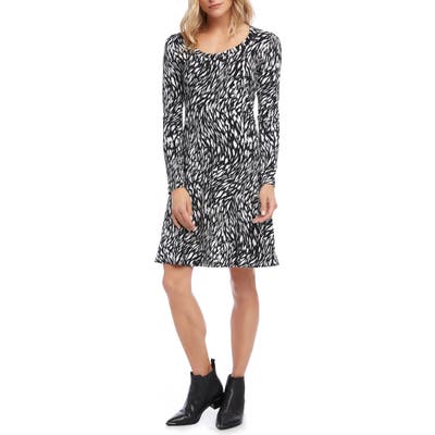 Karen Kane Black & White Print Long Sleeve A-Line Dress, Black
