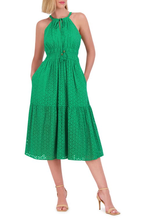 Shop Vince Camuto Halter Neck Cotton Eyelet Midi Dress In Green
