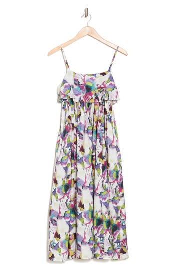 Shop Stitchdrop Barbuda Floral Print Sleeveless Midi Dress In Ivory/lime Purple Print