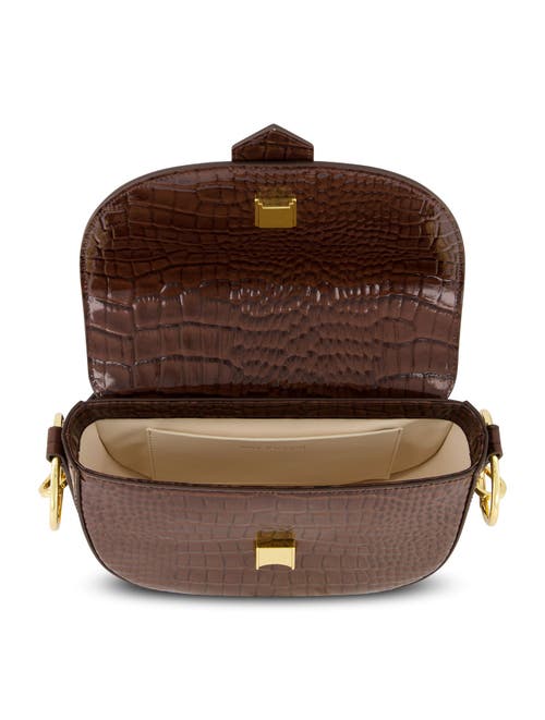 Mac Duggal Crocodile Embossed Leather Gold Hardware Saddle Bag In Chocolate