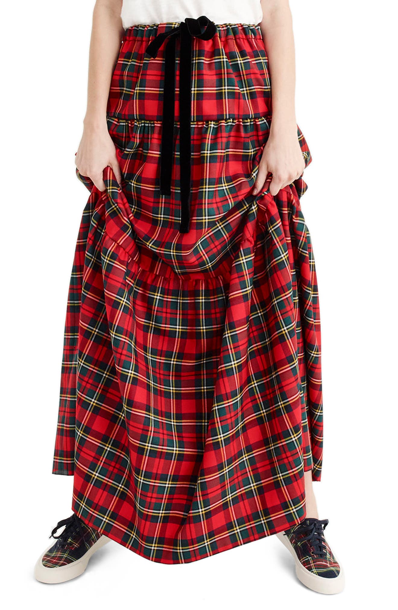 red tartan maxi skirt