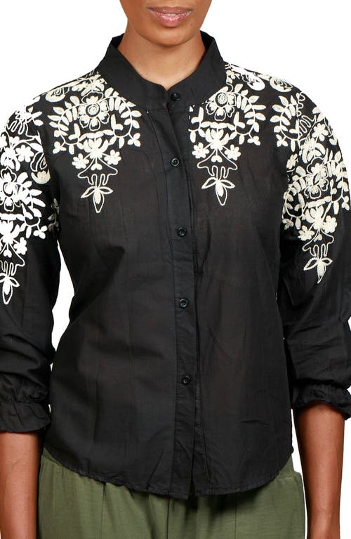 Floral Embroidered Cotton Blouse in Black