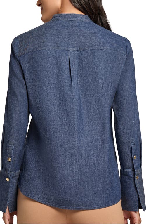 Shop Jones New York Pintuck Pleat Stretch Denim Button-up Shirt<br> In Dark Wash