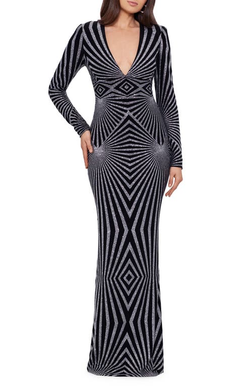 Betsy & Adam Geometric Metallic Long Sleeve Gown In Black/silver