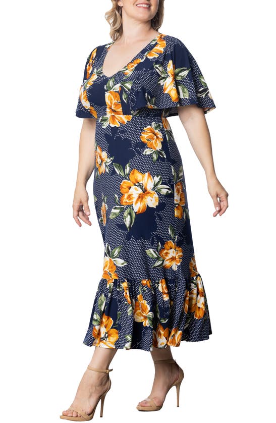 Shop Kiyonna Madrid Floral Flutter Sleeve Maxi Dress In Amber Blossoms