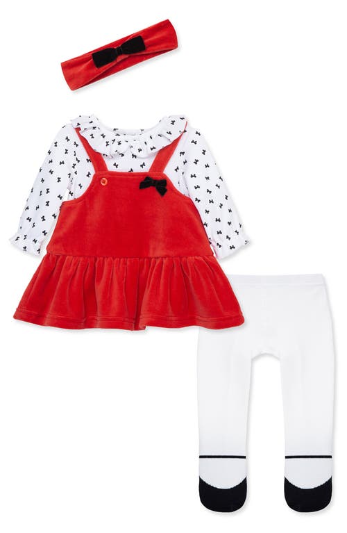 Little Me Festive Bows Velour Dress, Tights & Headband Set in Red 