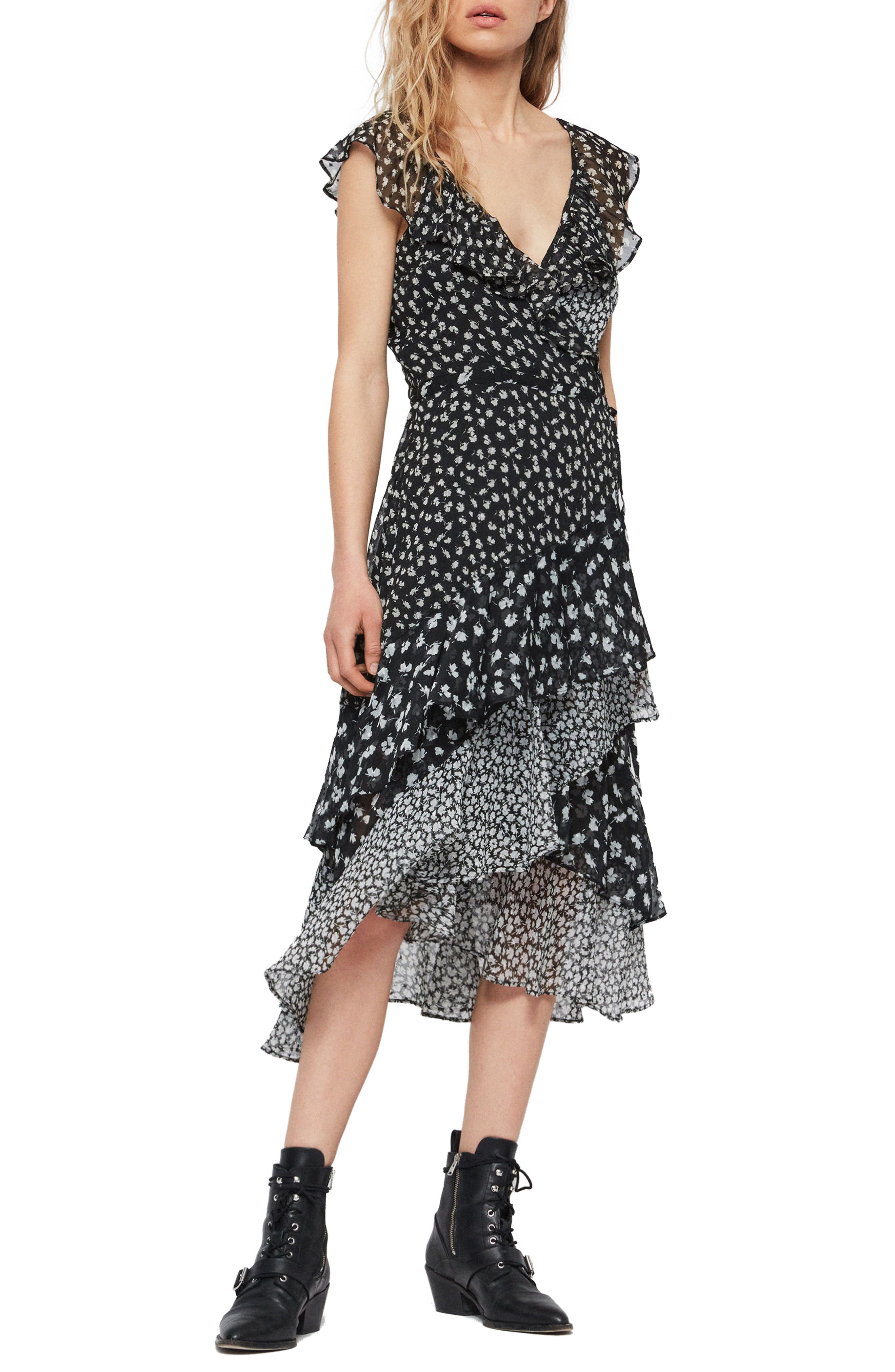 Allsaints Kari Scatter Print Ruffle Wrap Dress, Black