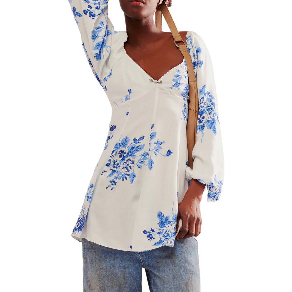 Free People Francesca Floral Print Long Sleeve Minidress In White/tonal Blue Combo