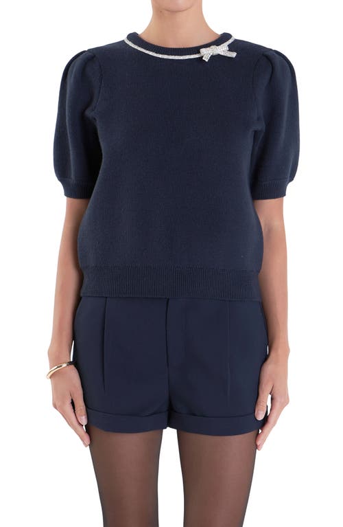 English Factory Crystal Embellished Bow Detail Puff Sleeve Sweater In Navy