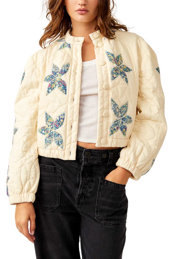 Shop Free People Quinn Floral Accent Quilted Crop Jacket In Teal Combo/dnu